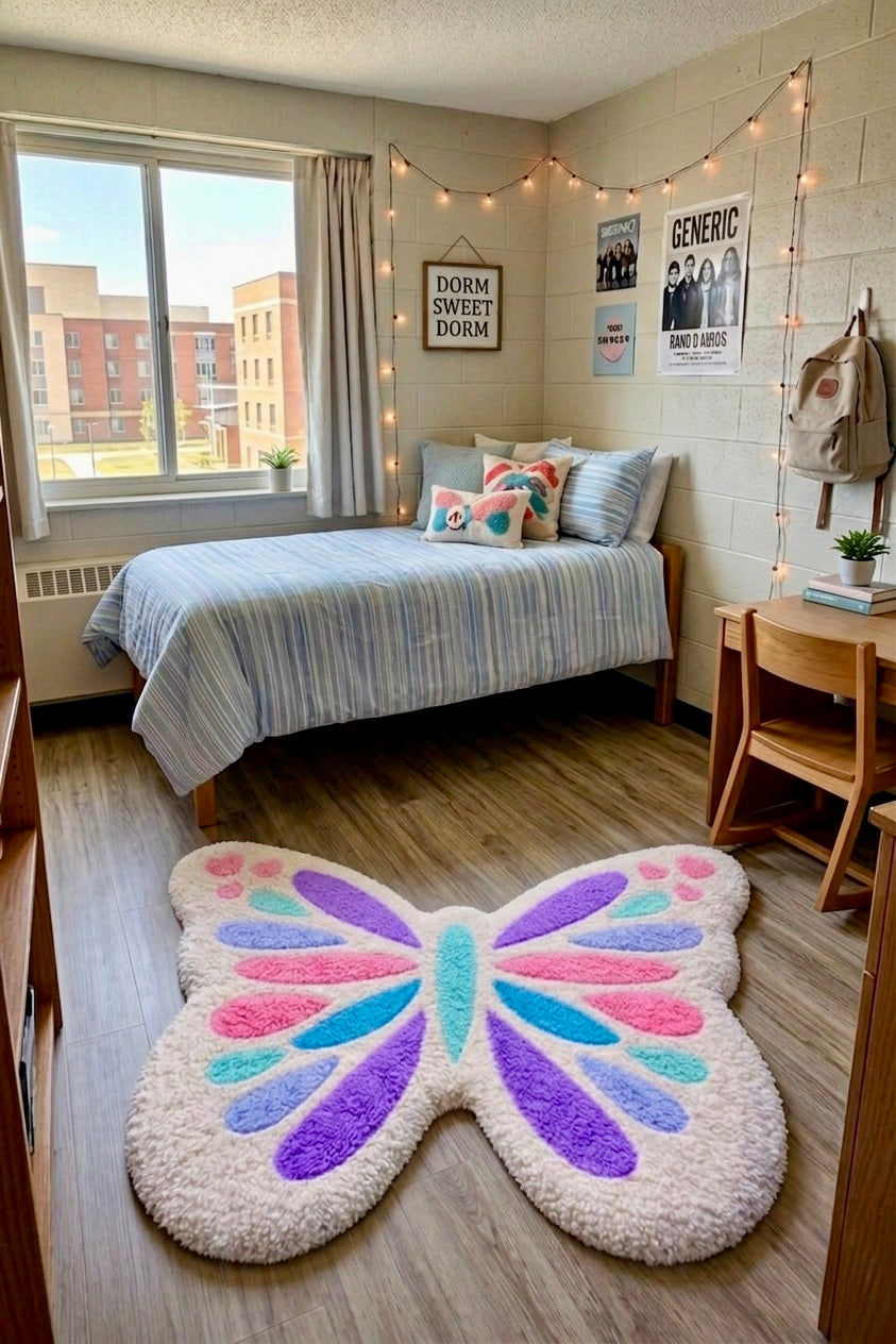 Pastel Butterfly Tufted Rug – Handmade Aesthetic Butterfly Rug, Cute Kawaii Room Decor, Soft Plush Area Rug for Bedroom & Dorm