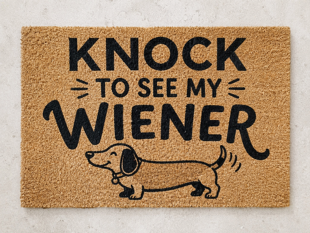 Funny Dog Doormat Knock to See My Wiener Dachshund Welcome Mat, Pet Lover Door Mat, Coir Entry Rug, Humorous Housewarming Gift