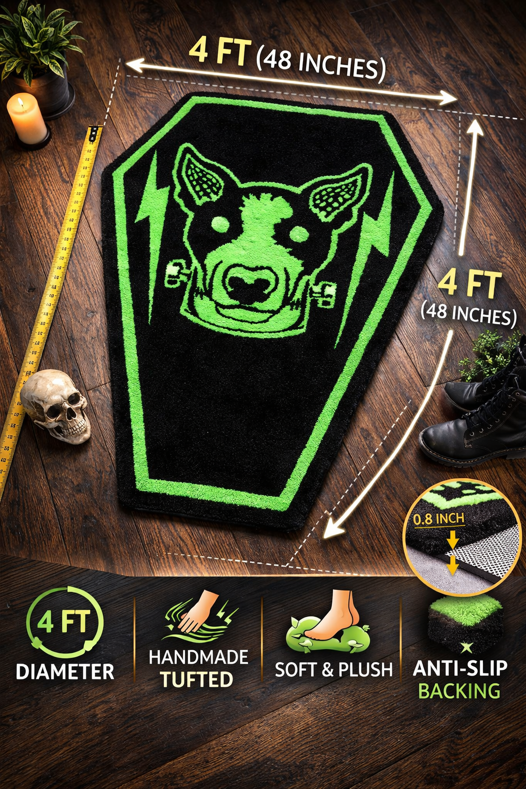 Frankenstein Dog Coffin Tufted Rug – Gothic Neon Rug | Horror Room Decor | Handmade Coffin Shaped Rug | Spooky Alternative Home Decor