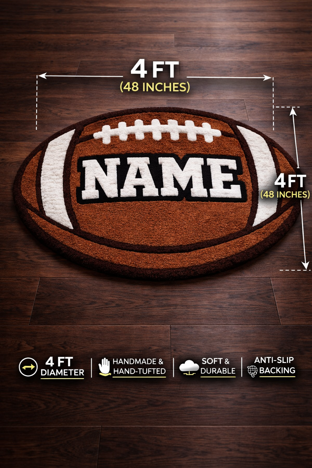 Personalized Football Tufted Rug – Custom Name Football Rug – Handmade Sports Rug – Kids Room, Nursery & Game Room Decor
