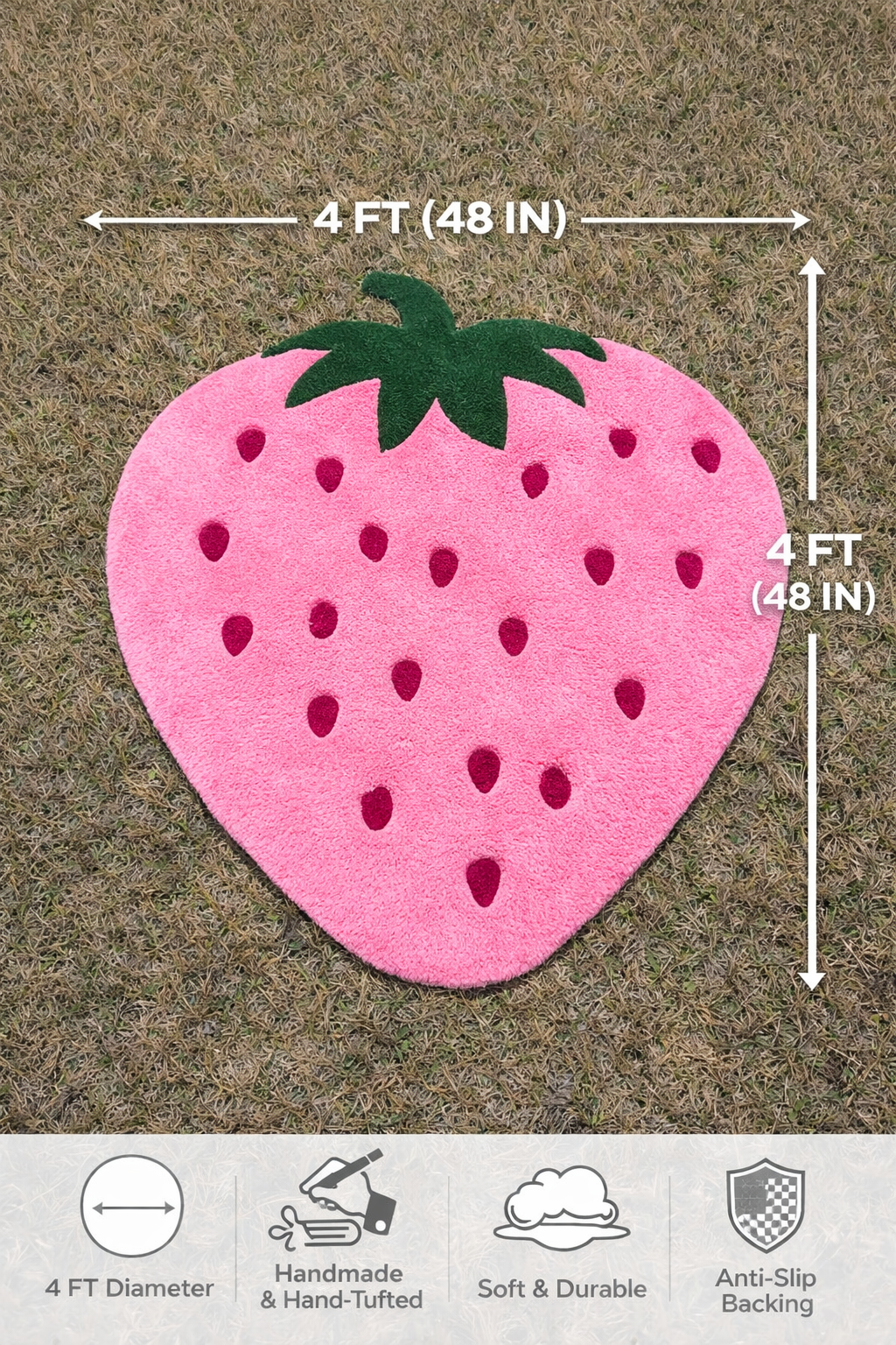 Pink Strawberry Tufted Rug – Handmade Aesthetic Strawberry Rug for Bedroom, Cute Strawberry Room Decor, Soft Plush Floor Rug