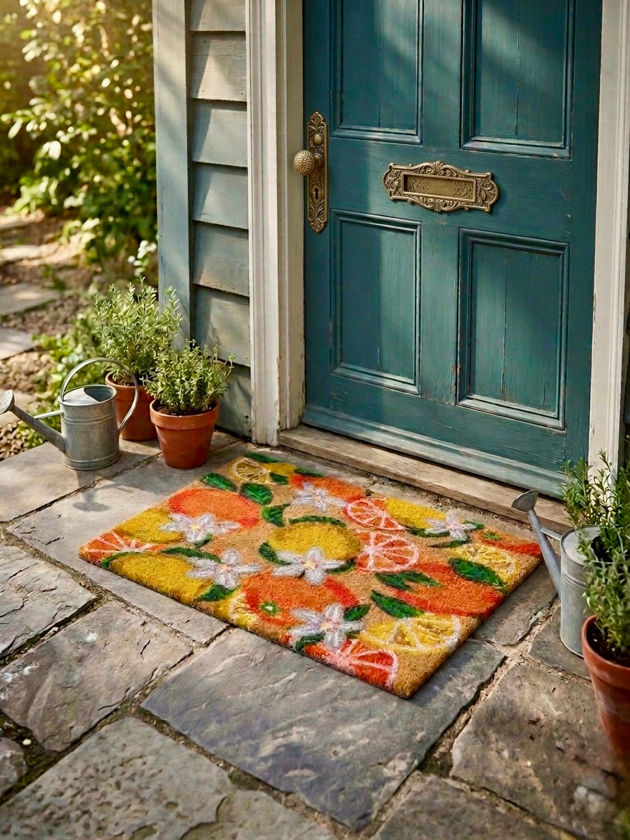 Citrus Coconut Coir Rug | Lemon & Orange Doormat | Summer Outdoor Entryway Decor | Non-Slip Porch Mat
