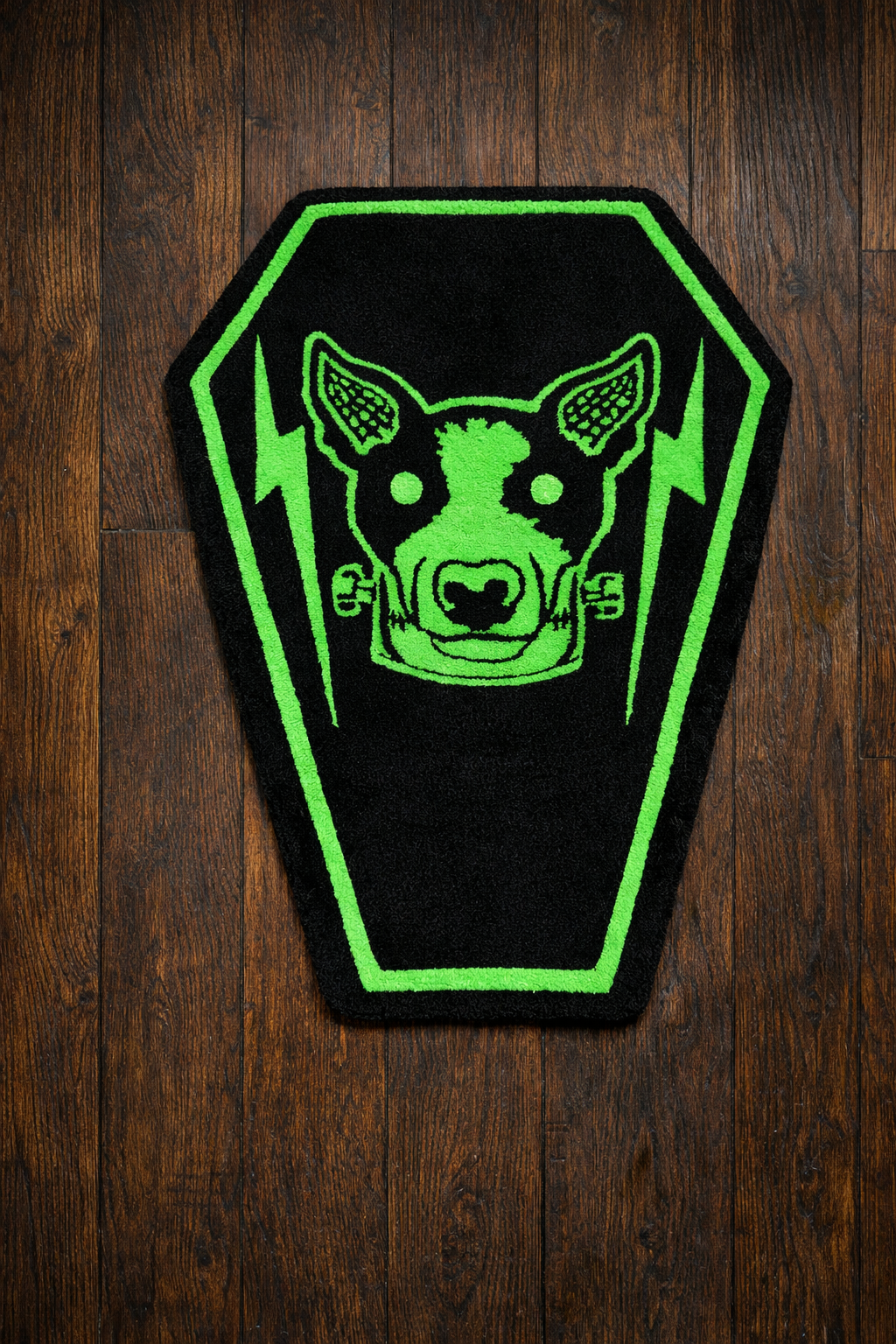 Frankenstein Dog Coffin Tufted Rug – Gothic Neon Rug | Horror Room Decor | Handmade Coffin Shaped Rug | Spooky Alternative Home Decor