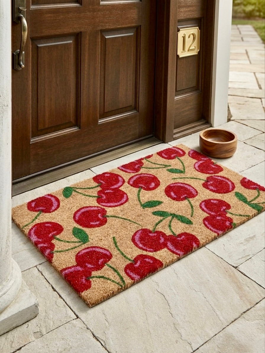 Cherry Coconut Coir Rug | Aesthetic Outdoor Doormat | Cute Summer Entryway Decor | Non-Slip Porch Mat