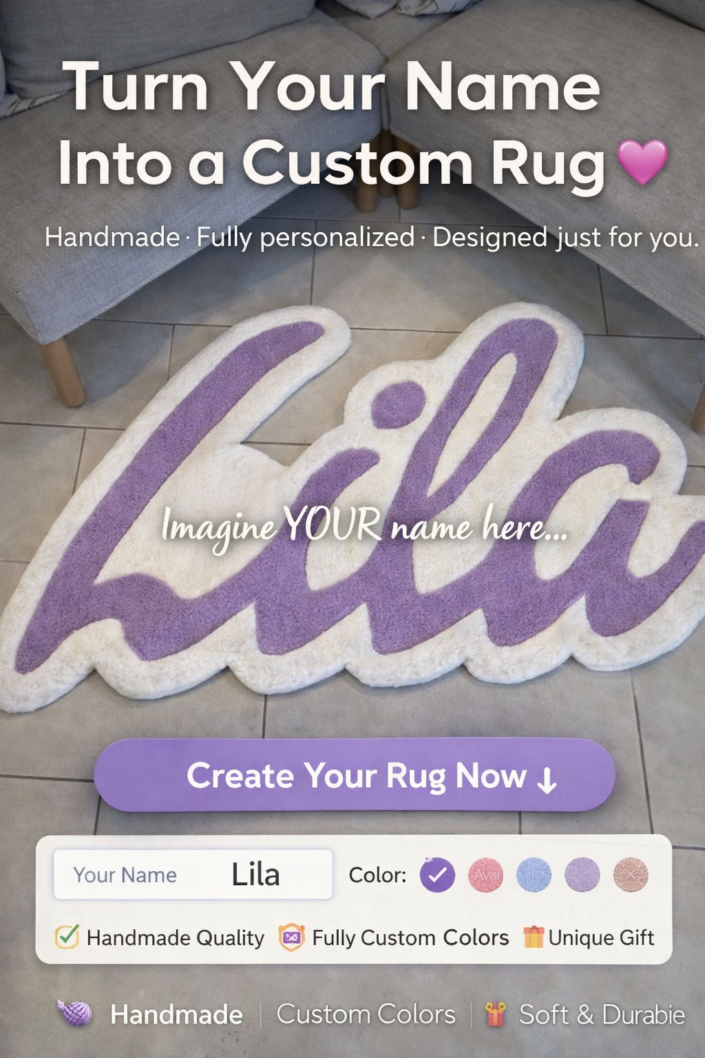 Custom Name Tufted Rug – Personalized Handmade Rug, Custom Text Rug, Nursery Name Rug, Aesthetic Room Decor, Unique Gift Idea