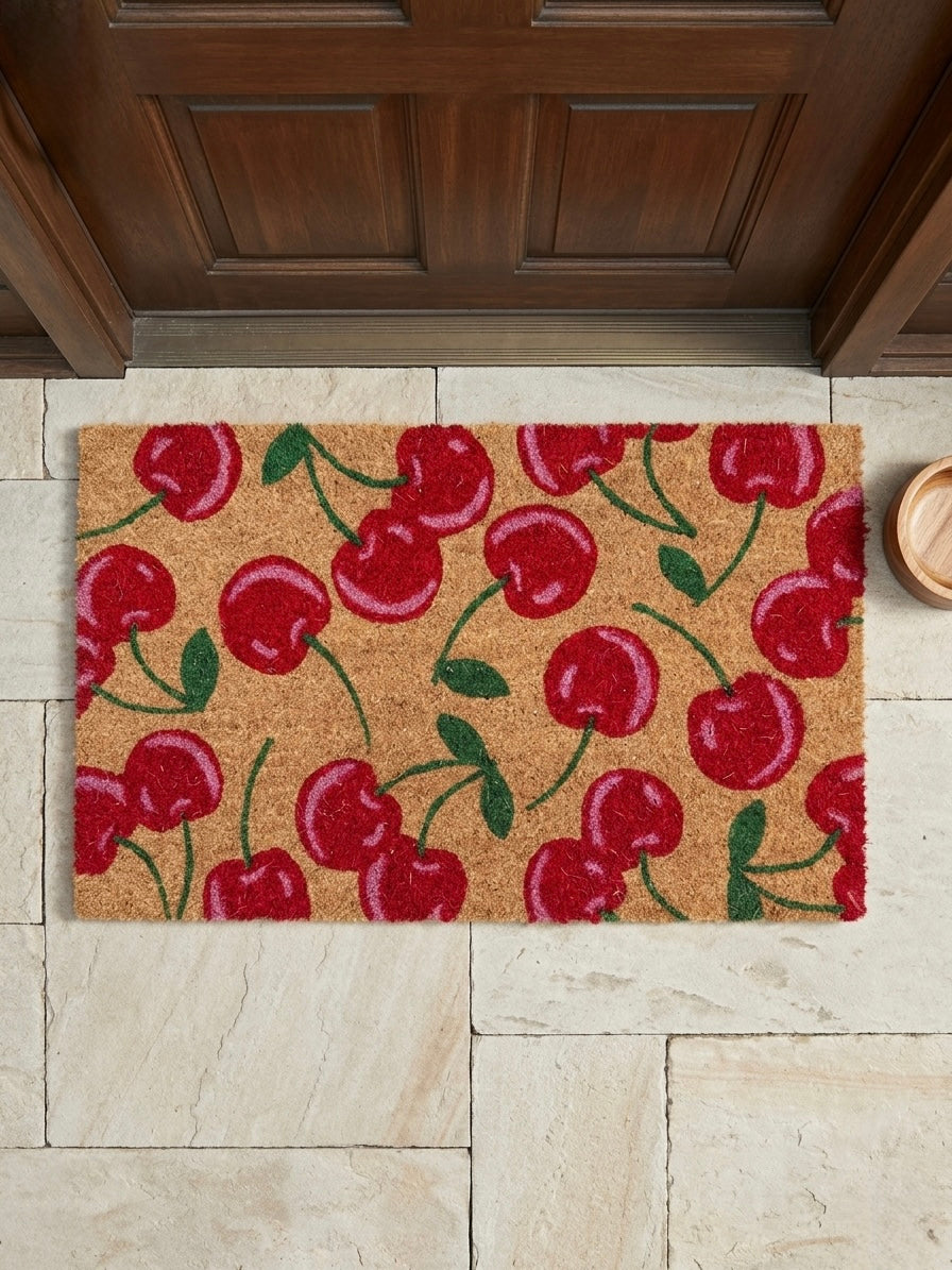 Cherry Coconut Coir Rug | Aesthetic Outdoor Doormat | Cute Summer Entryway Decor | Non-Slip Porch Mat