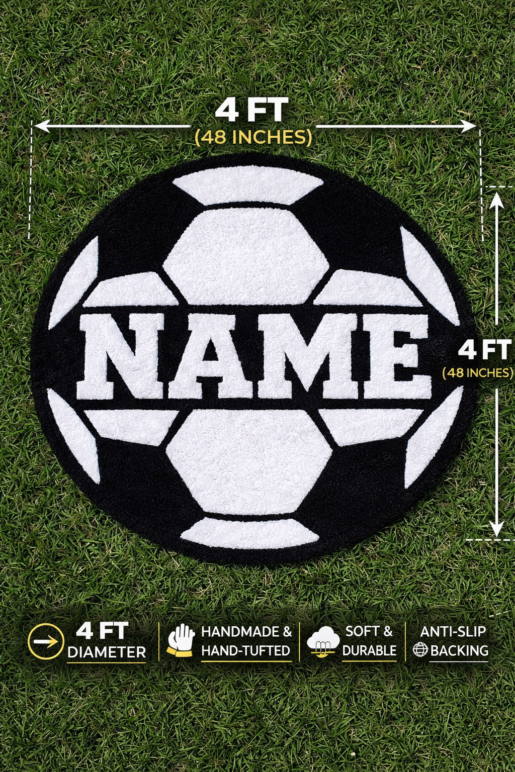 Personalized Soccer Ball Tufted Rug – Custom Name Soccer Rug | Handmade Sports Room Decor | Kids Soccer Bedroom Rug | Custom Soccer Gift USA