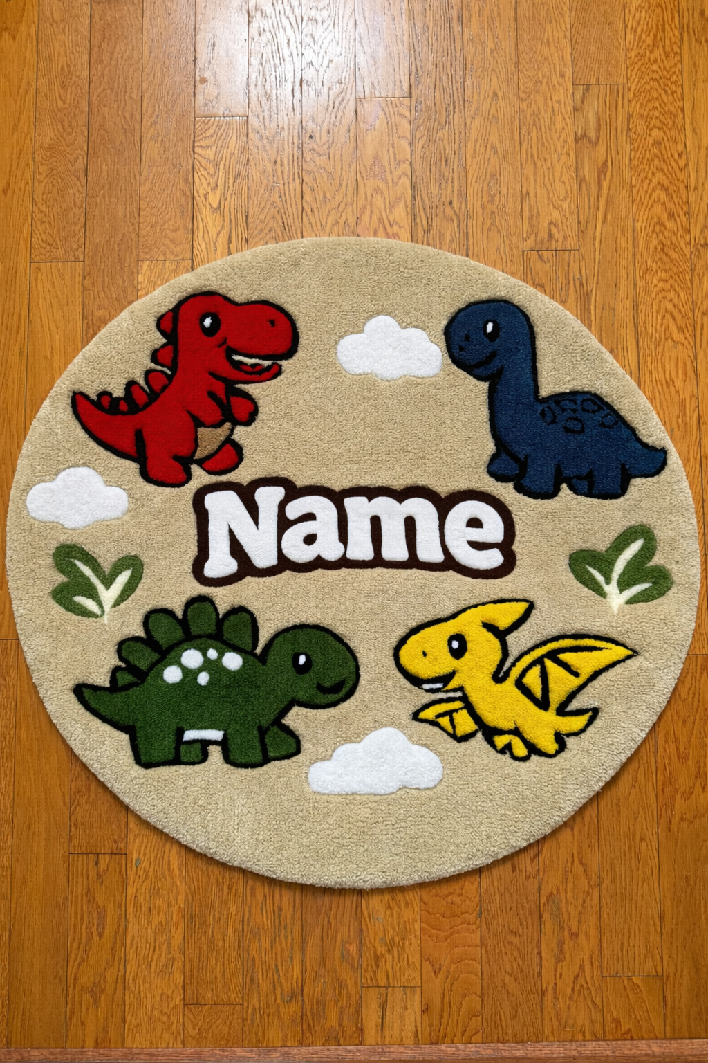Personalized Kids Dinosaur Rug – Custom Name Tufted Rug for Boys Room | Handmade Dinosaur Nursery Rug | Kids Bedroom Decor | 4FT Round Dino Rug