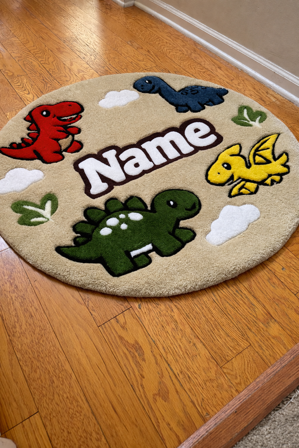 Personalized Kids Dinosaur Rug – Custom Name Tufted Rug for Boys Room | Handmade Dinosaur Nursery Rug | Kids Bedroom Decor | 4FT Round Dino Rug