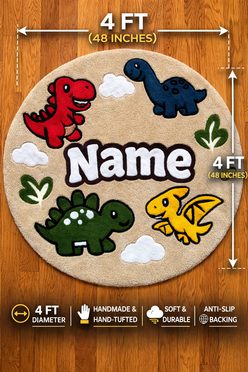 Personalized Kids Dinosaur Rug – Custom Name Tufted Rug for Boys Room | Handmade Dinosaur Nursery Rug | Kids Bedroom Decor | 4FT Round Dino Rug