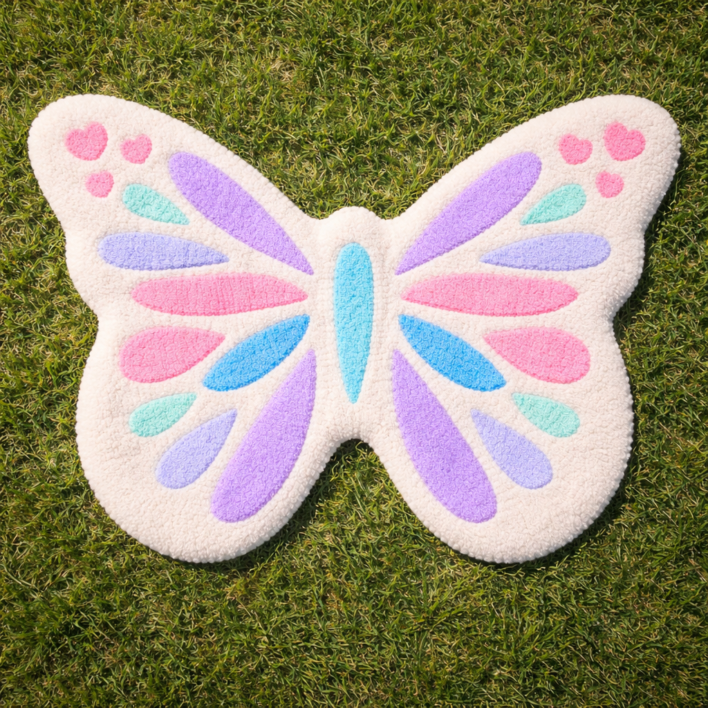 Pastel Butterfly Tufted Rug – Handmade Aesthetic Butterfly Rug, Cute Kawaii Room Decor, Soft Plush Area Rug for Bedroom & Dorm