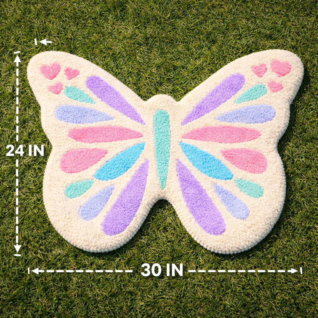 Pastel Butterfly Tufted Rug – Handmade Aesthetic Butterfly Rug, Cute Kawaii Room Decor, Soft Plush Area Rug for Bedroom & Dorm